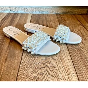 Jessica Simpson White Pearl And Sequin Flat Slides